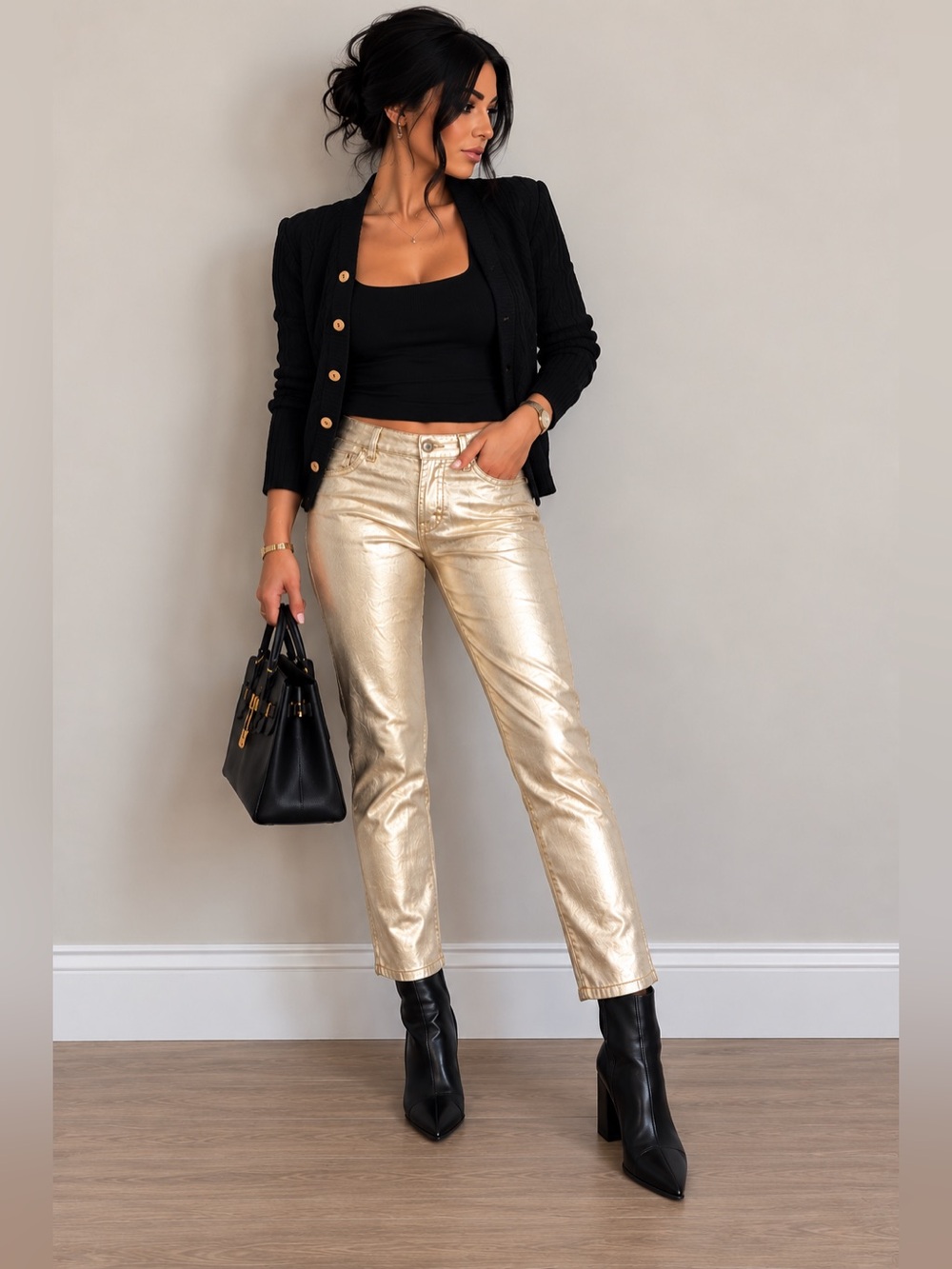 LIU JO Donna 7P Pantalone Metallic Straight Leg Jeans Gold Waist 28 NWT